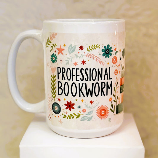 Professional Bookworm 15 oz Mug – Book Lover Gift, Reading Mug, Cozy Bookish Aesthetic